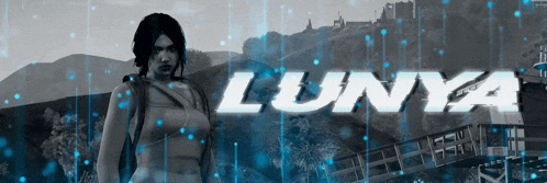 a black and white photo of a woman with the word lunya in white