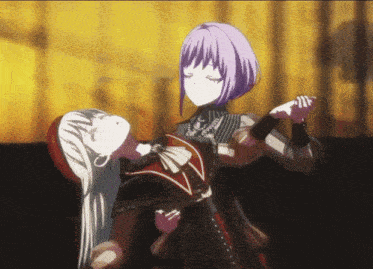 a girl with purple hair is standing next to a girl with white hair