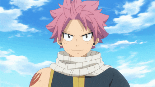 a boy with pink hair and a scarf around his neck