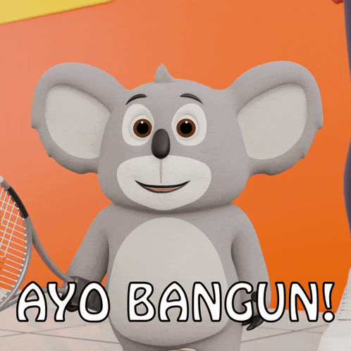 a cartoon koala bear holding a pair of scissors and the words ayo bangun below it