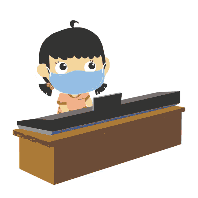a cartoon girl wearing a mask is playing a piano