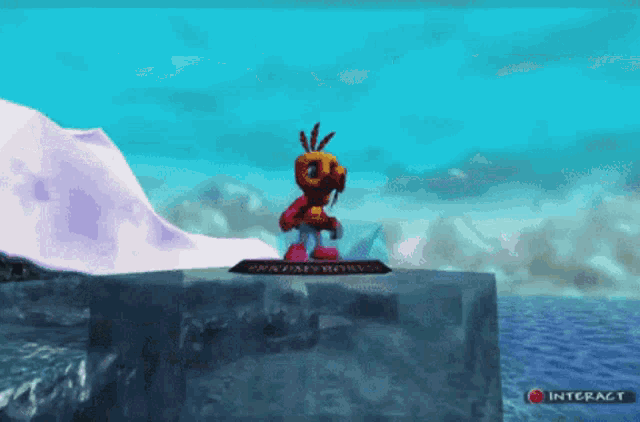 a video game screen shows a character standing on a cliff and a button that says interact at the bottom