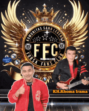 a man in a red jacket is playing a guitar in front of a logo for a fans club