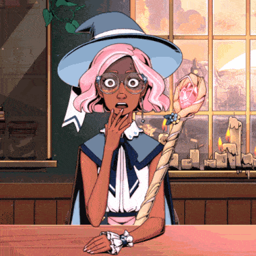 a witch with pink hair and glasses holds a wand