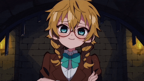 a cartoon character with blonde hair and blue eyes is wearing glasses and a bow tie