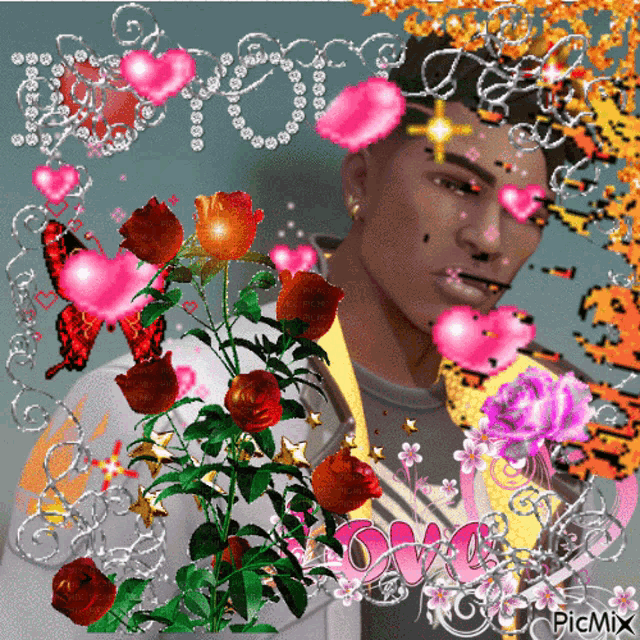 a picture of a man surrounded by flowers and butterflies with the word love written in the middle