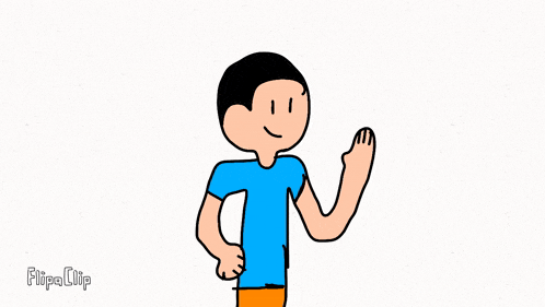 a cartoon of a man in a blue shirt is waving his hand