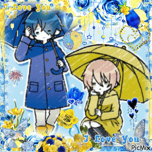 a picture of a boy and a girl holding umbrellas with the words " i love you " at the bottom