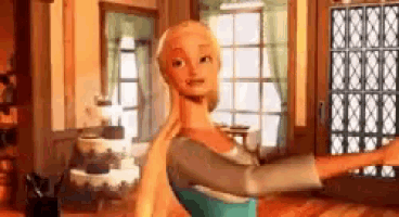 a barbie doll is standing in a room with her arms outstretched in front of a window .