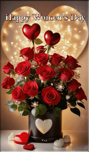 a happy women 's day greeting card with red roses in a vase