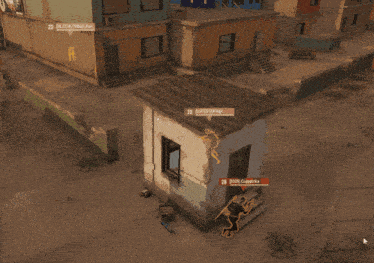 a screenshot of a video game shows a few buildings and a shack with the number 22 on it