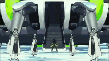 a group of cartoon characters are standing in front of a large building