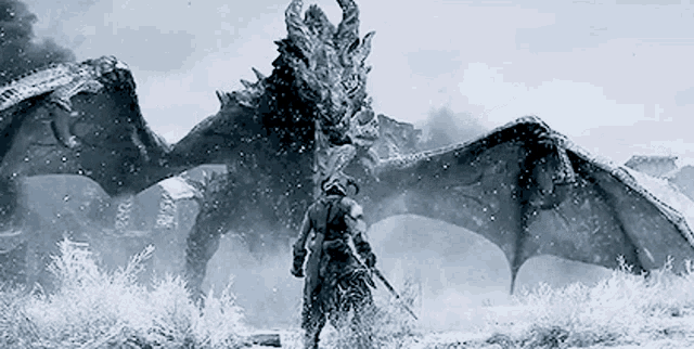 a man is standing in front of a large dragon