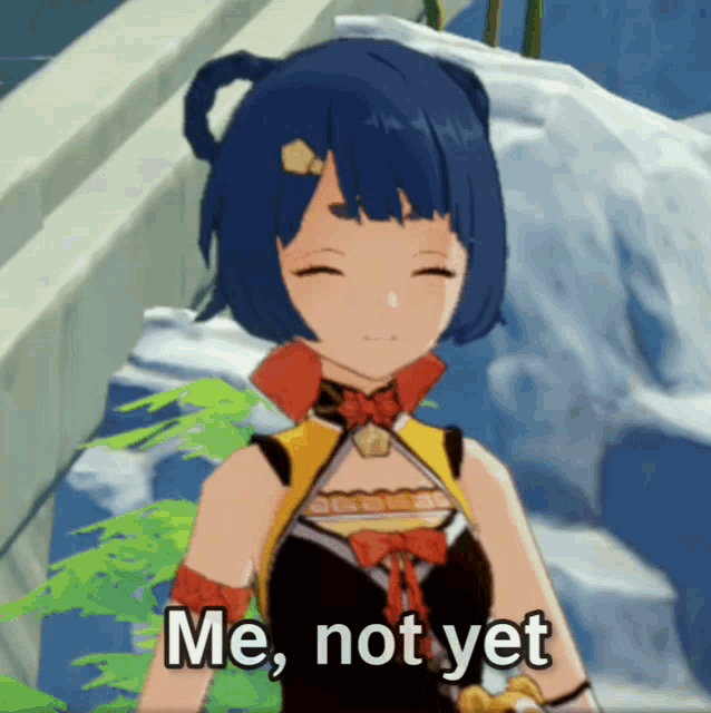 a cartoon girl with blue hair is smiling and says " me , not yet "