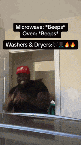 a man in a red hat is dancing in front of a sign that says microwave beeps oven beeps washers and dryers