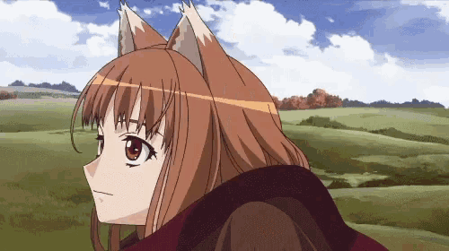 a girl with fox ears is standing in a field with trees in the background