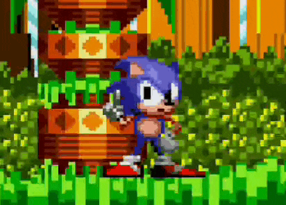 sonic the hedgehog is standing in front of a tree in a pixel art video game .