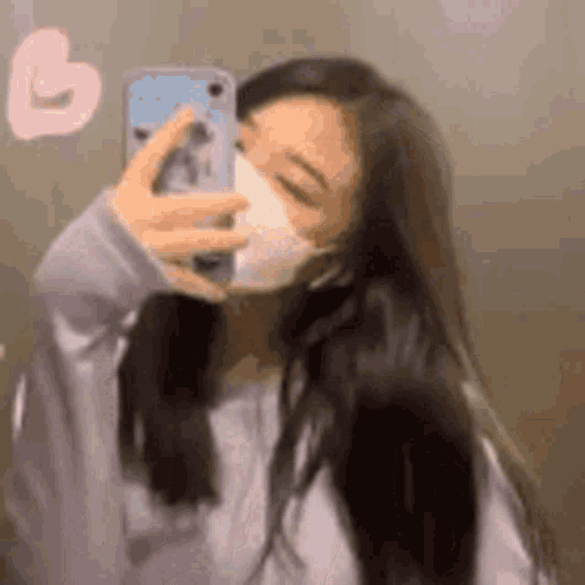 a woman wearing a mask is taking a selfie in the mirror .