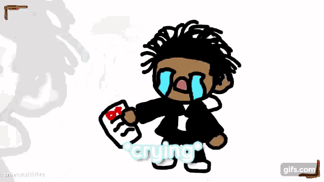 a cartoon character is crying and holding a piece of paper