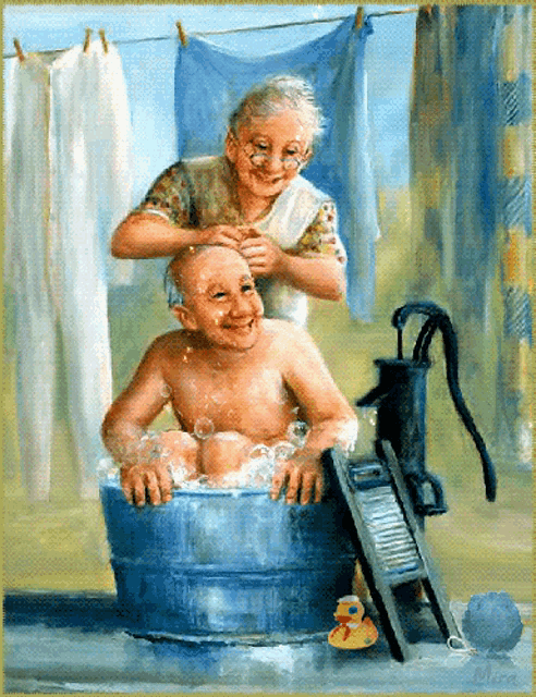 a painting of an elderly couple taking a bath in a tub
