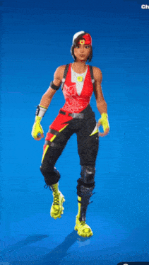 a woman in a red tank top and black pants is standing in front of a blue background