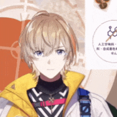 a girl with blonde hair and blue eyes is wearing a yellow jacket and black shirt