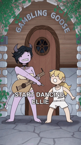 a cartoon of a woman playing a guitar and a girl dancing in front of a gambling goose