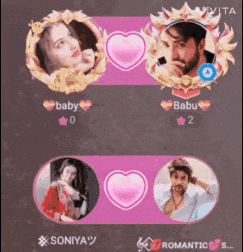 a man and a woman are sitting next to each other on a pink background with hearts .
