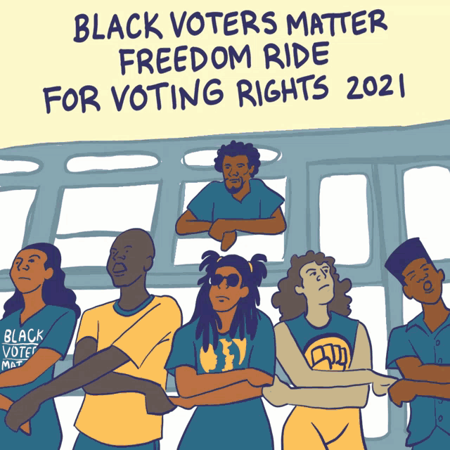 a group of people standing in front of a sign that says " black voters matter freedom ride for voting rights 2021 "