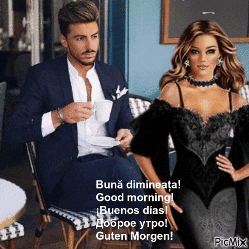 a man in a suit is sitting at a table with a woman in a black dress