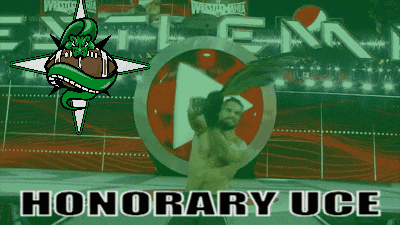an advertisement for honorary uce shows a man holding a feather