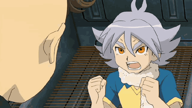 a cartoon character with white hair and orange eyes looks angry