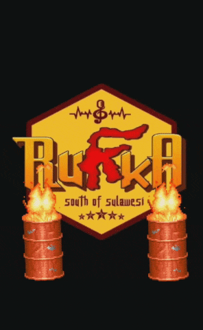 a logo for ruska south of sulawesi with two burning barrels in front of it