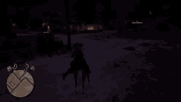 a person riding a horse in a video game with a map in the background