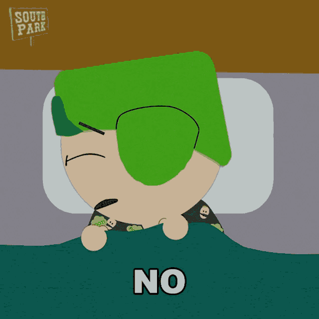 a cartoon character with green hair is laying in bed with the word no on the bottom