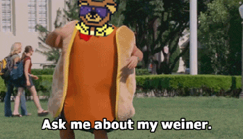 a man dressed in a hot dog costume says ask me about my weiner