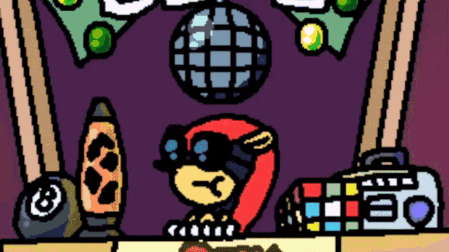 a cartoon drawing of a person sitting at a desk with a radio and a disco ball