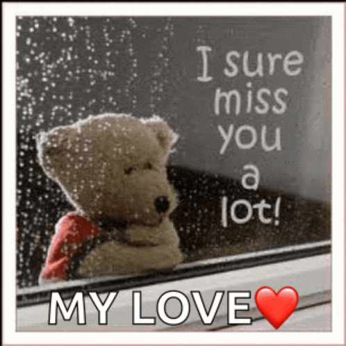 a teddy bear is looking out a window with the words " i sure miss you a lot " written on it