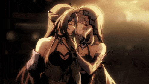 two anime girls are hugging each other and one has a cross on her head