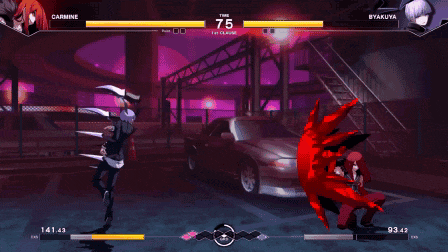 a screenshot of a video game with carmine and byakuya fighting each other