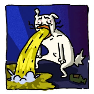 a cartoon of a dog vomiting a yellow liquid