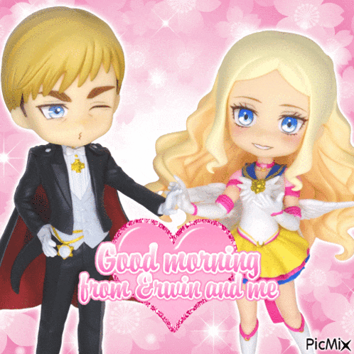 a picture of a boy and a girl holding hands with the words good morning from erwin and me