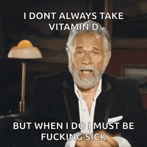 a man with a beard is pointing at the camera and says i dont always take vitamin d but when i do