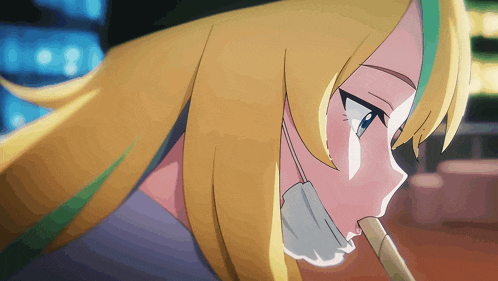 a close up of a blonde anime character with a mask on her face