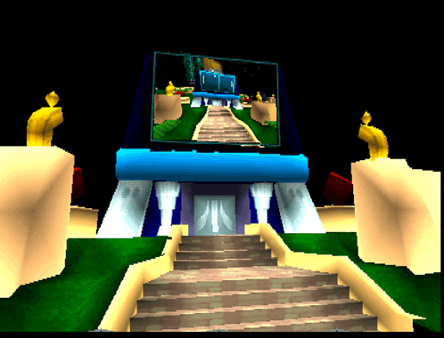 a computer generated image of a building with stairs and a screen