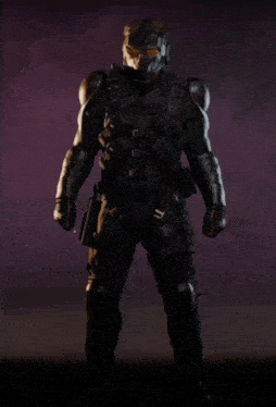 a soldier with a helmet and a gun is standing in a dark room