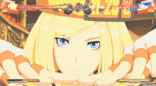 a video game screen shows a blonde girl with blue eyes and a yellow hat