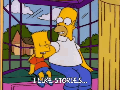 a cartoon of homer simpson and bart simpson talking about stories