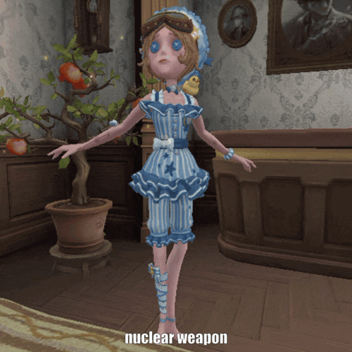 a girl in a blue and white striped dress is standing in a room with the word nuclear weapon written on the bottom