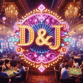 a group of people sitting at tables in a casino with a neon sign that says d & j .